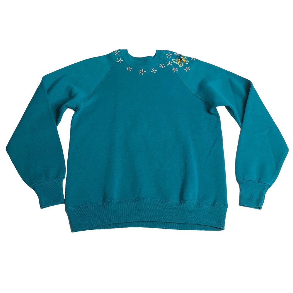 Vintage 90s Lee Sweatshirt Women M Blue Flower Hand Sewn Butterfly Midweight USA